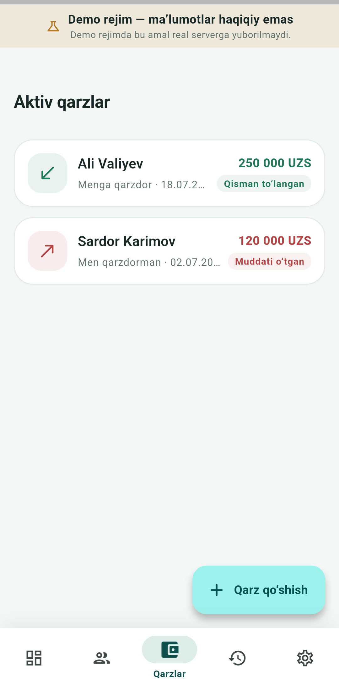 Qarz Daftari qarzlar ekrani